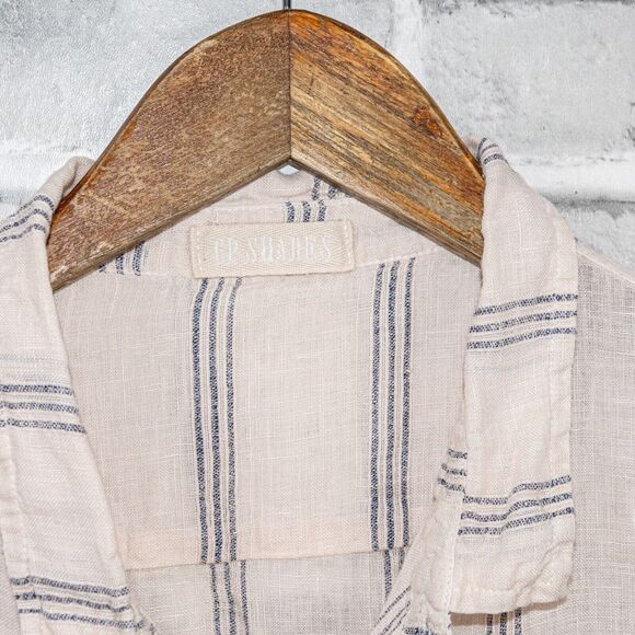 CP SHADES Medium Marella 100% Linen Button up Shirt in Peach Striped - Picture 2 of 9